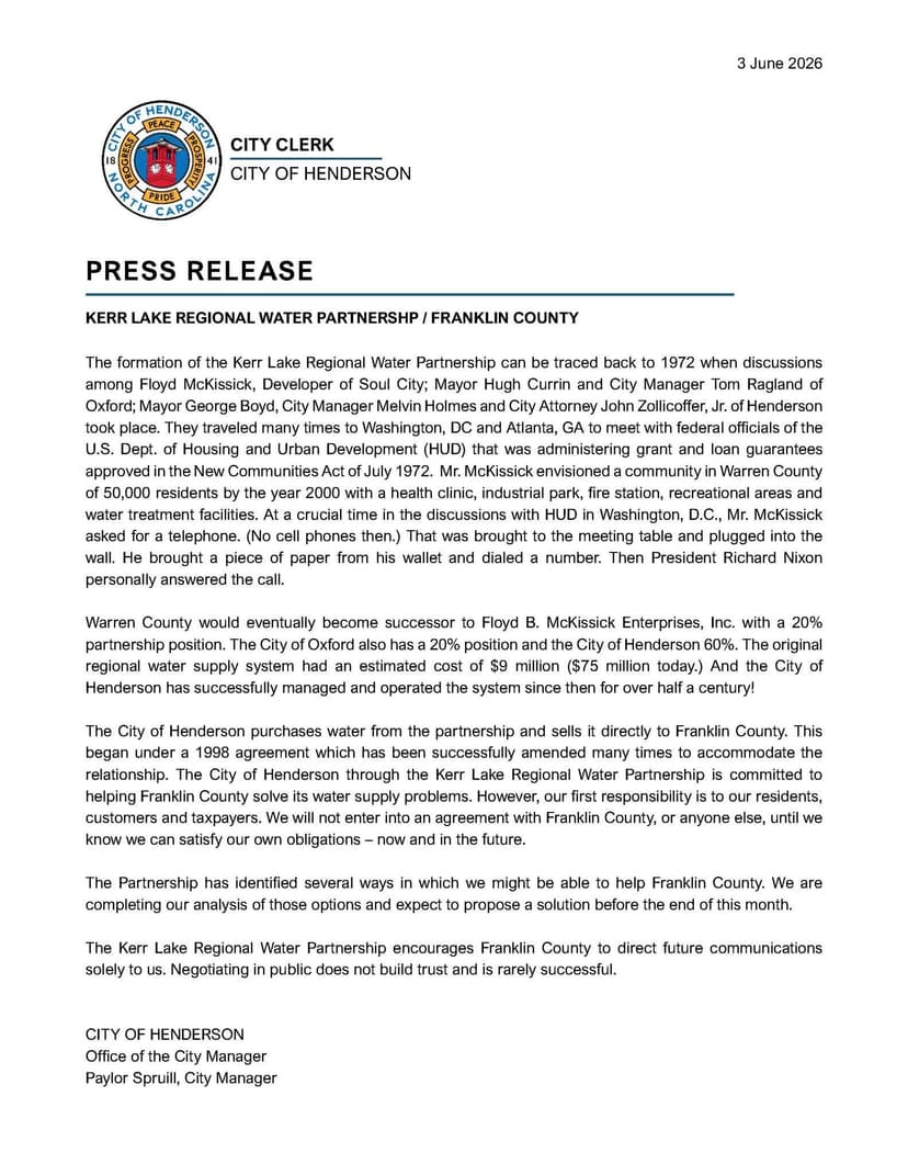 City of Henderson press release dated June 3, 2026, regarding the Kerr Lake Regional Water Partnership and Franklin County